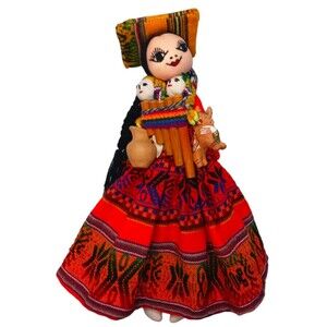 Vintage Peruvian Handmade Cloth Folk Art Doll Colorful Dress Holds Babies & More